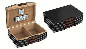 Humidor Upsell: The Carlton - Polished Steel Accented Black Desktop Humidor w/Silver hardware (~100 count)