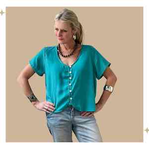 SALMA Button Blouse - Aqua Satin Sheen