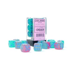Chessex - 16mm D6 (12 Dice) Gemini Gel Green - Pink/Blue