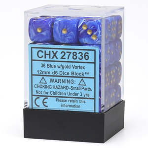 Chessex – Vortex 12mm d6 Blue/gold Dice Block (36 dice)