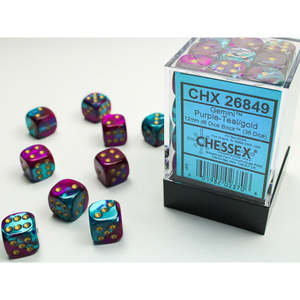 Dice: Chessex – Gemini 12mm d6 Purple-Teal/gold Dice Block (36 dice)