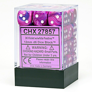 Chessex – Festive 12mm d6 Violet/white Dice Block (36 dice)