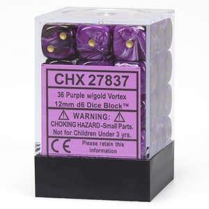 Dice: Chessex – Vortex 12mm d6 Purple/gold Dice Block (36 dice)