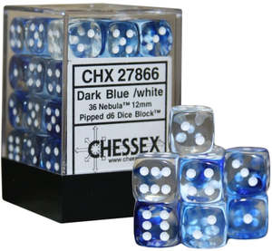 Dice: Chessex – Nebula 12mm d6 Dark Blue/white Dice Block (36 dice)
