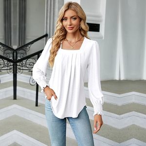 White Square Neck Ruffle Long Sleeve Shirt – Caribelle NZ