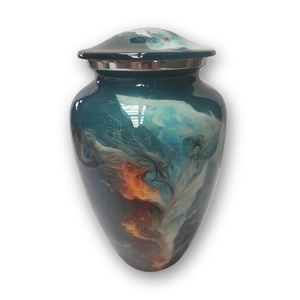 Products: Ceramic Adult Urn - Blue with Fire - Carried Away Coffins New Zealand
