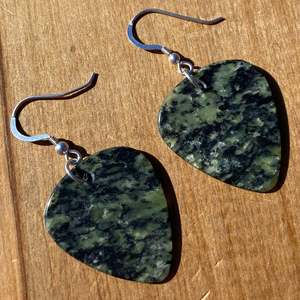 Douglas Creek Greenstone: Douglas Creek Pounamu and Silver Guitar Pick Earrings
