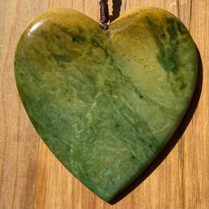 Pounamu Heart Pendants: Marsden Flower Jade Heart Pendant - Extra Large