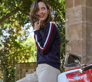 Cashmere & Wool French Racer Crewneck Sweater-Navy