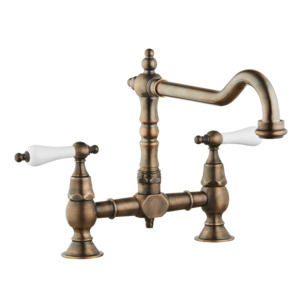 Kitchen Tap: Brunel - Old English Bridge Kitchen Sink Mixer - Porcelain Levers