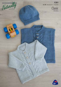 Patterns: Naturally K381 Cabled Front Cardigan, Vest & Hat