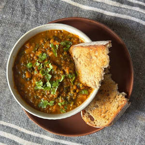 Moroccan Kumara, Green Lentil & Spinach Soup