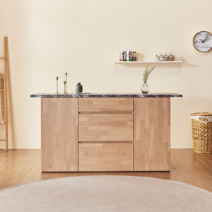 NANA Kitchen Island Bench - Oak(cabinet) & Black marble pattern(top)