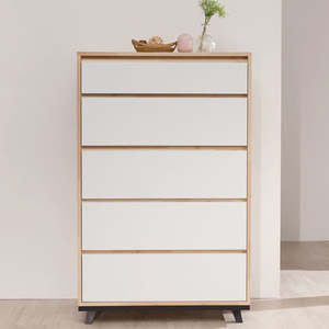 FRANCIS 5 Drawers Tallboy - Acacia & white