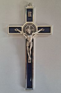 Crosses and Crucifixes Family Life Catholic Gifts: St Benedict Crucifix 20cm Blue/Silver Italian made Family Life Catholic Gifts