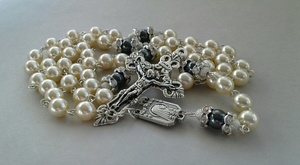 Elegant “Pearl”/Hematite/Crystal Rosary Family Life Catholic Gifts