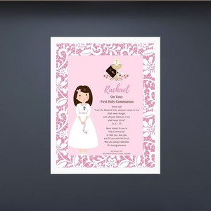 Art and Statues Family Life Catholic Gifts: Personalised Frame – First Holy Communion Girl (Pink) Family Life Catholic Gifts