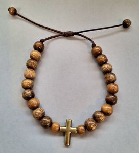 Walnut Wood Bracelet with Cross Family Life Catholic Gifts