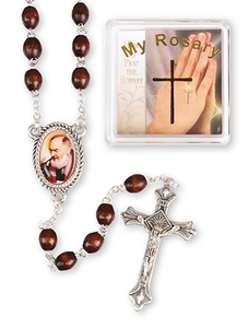 Blessed Mother: Tan/Brown Coloured Wood Rosary – St Padre Pio Family Life Catholic Gifts