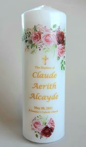 Baptism Cards: Personalised Candles – Roses (Baptism), Gold Font Family Life Catholic Gifts