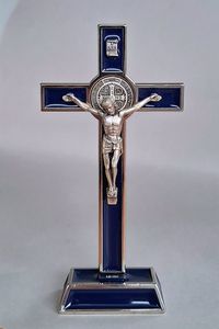 Crosses and Crucifixes Family Life Catholic Gifts: Italian Metal Standing Crucifix, Blue – St Benedict (14cm) Family Life Catholic Gifts