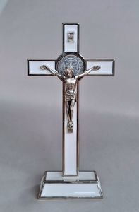 Italian Metal Standing Crucifix – White (14cm) Family Life Catholic Gifts