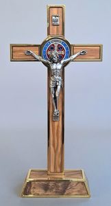 Crosses and Crucifixes Family Life Catholic Gifts: Olive Wood Standing Crucifix – St Benedict Family Life Catholic Gifts