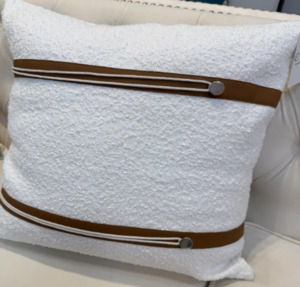 white and brown line with button square cushion