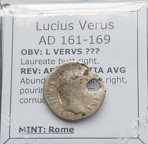 #p379# Roman silver fouree denarius coin of Lucius Verus from 161-169 AD