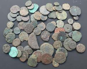 Bulk Uncleaned Discount Items: #Lot55A# of 73 Uncleaned Roman Bronze coins from 1-450 AD (Spanish found)