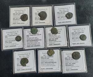 Bulk Uncleaned Discount Items: #Lot10A# Ex-dealers lot of 10 Ancient bronze Roman coins of Constantius II from 347-361 AD