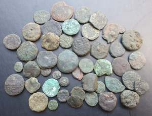 #Lot60A# 46 Uncleaned Greek Bronze coins from 400-1 BC