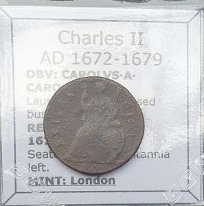 #q415# British 1 Farthing coin of Charles II from 1672-1679 AD