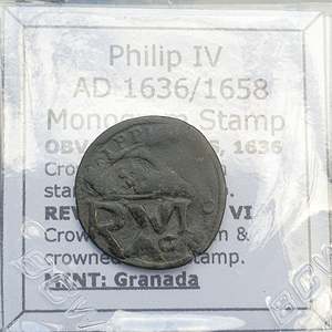 #o021# Spanish Countermarked 4 maravedis coin of Philip IV, 1658 AD