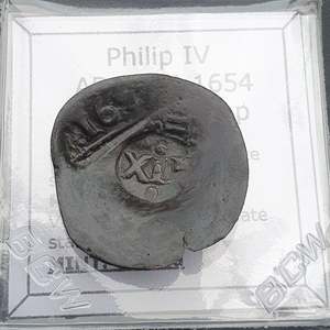 #q462# Spanish Countermarked 4 maravedis coin of Philip IV, 1654 AD