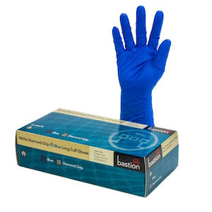 Gloves: BASTION BLUE NITRILE DIAMOND GRIP 300MM CUFF GLOVES CARTON 10 X 50PK