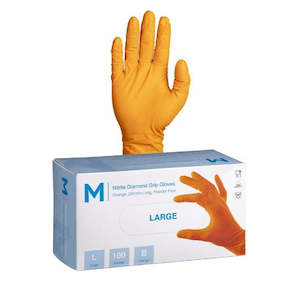Gloves: M NITRILE DIAMOND GRIP GLOVES ORANGE | 100PKT