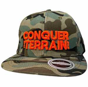 Conquer The Terrain 4x4 3D Fluoro Orange Embroidery - UFlex Flat Peak Cap - Camo
