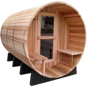 Instock: Cedar Barrel Sauna with Porch - 6 Person