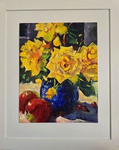 Jane Mcintosh: Jane McIntosh-. Friesia Rose in blue vase
