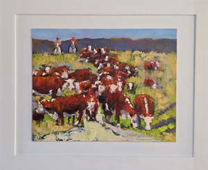 Jane Mcintosh: Jane McIntosh-Mustering Hereford Cattle, Lochiel Station, Hanmer Springs.