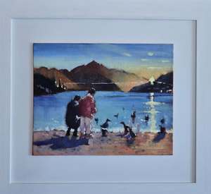 Jane Mcintosh: Jane McIntosh-Feeding Ducks at Twilight Lake Wakatipu Queenstown.