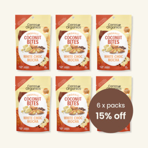 New: Organic Coconut Bites, White Choc Mocha - CASE 6 x 60g Packets