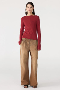 Tees Singlets: Bassike Front Seam Rib LS T-shirt - Deep Red