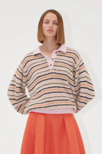 Stine Goya Long Sleeve Knit Polo - Alpaca Cream Stripes
