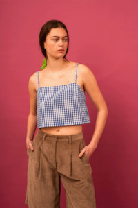 Penny Sage Rohmer Top - Blue White Lattice gingham