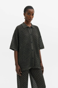 Malina Moa Oversized Pointelle Knitted Shirt - Black Metallic