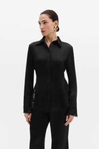 Malina Malou Satin Lace Hem Shirt - Black