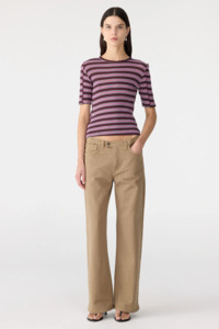 Bassike Retro Rib Stripe Mid Sleeve Top - Burgundy/White/Forest/Pink