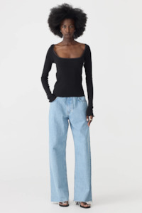 Bassike Slim Rib Lace L/S Top - Black